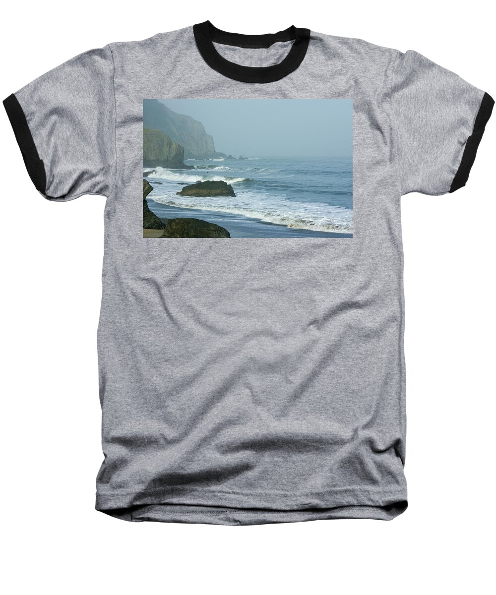 Georgia Mizuleva Baseball T-Shirt featuring the digital art San Francisco Fog - China Beach Rolling Surf by Georgia Mizuleva
