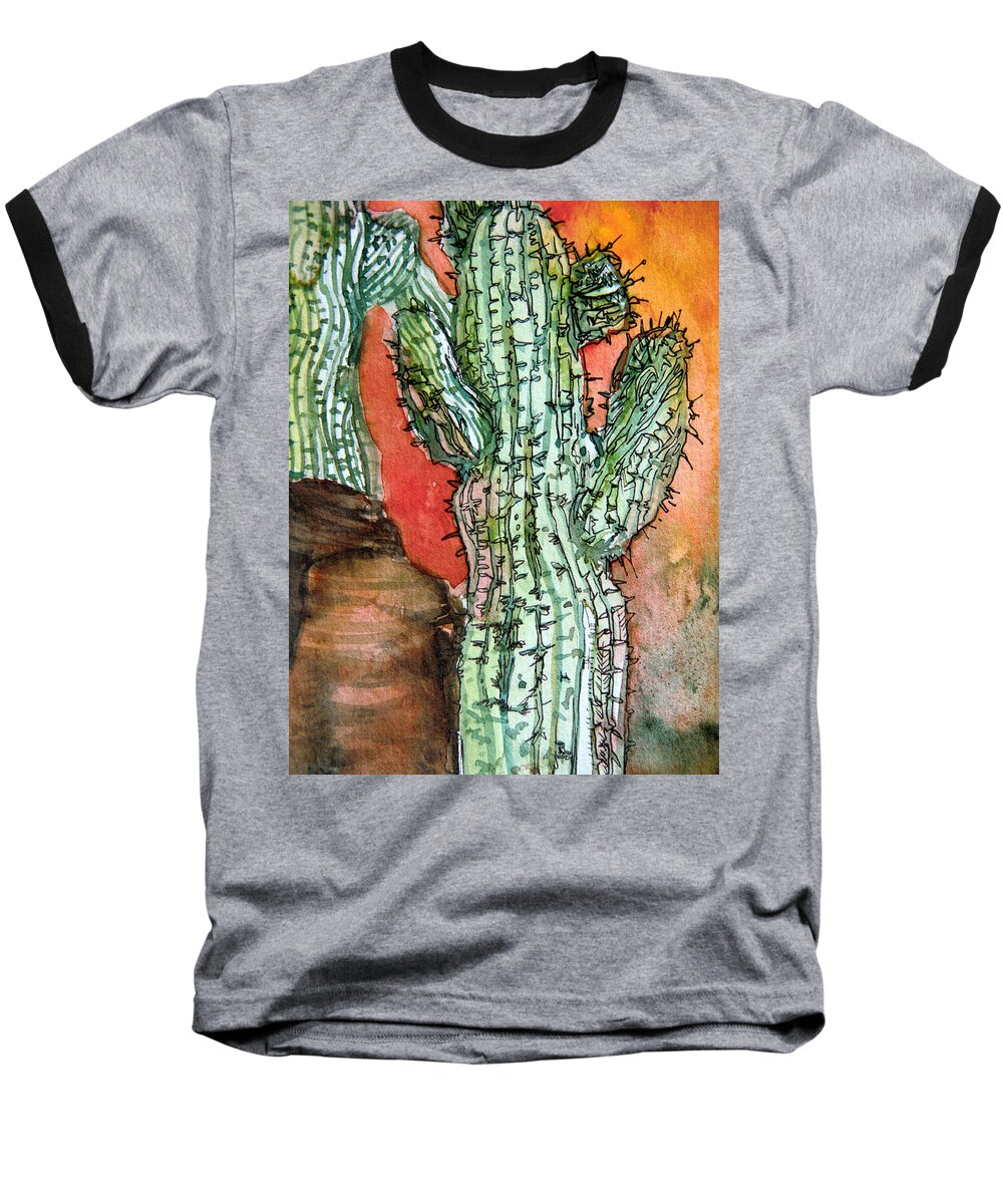 Cactus Baseball T-Shirt featuring the painting Saquaros by Mindy Newman