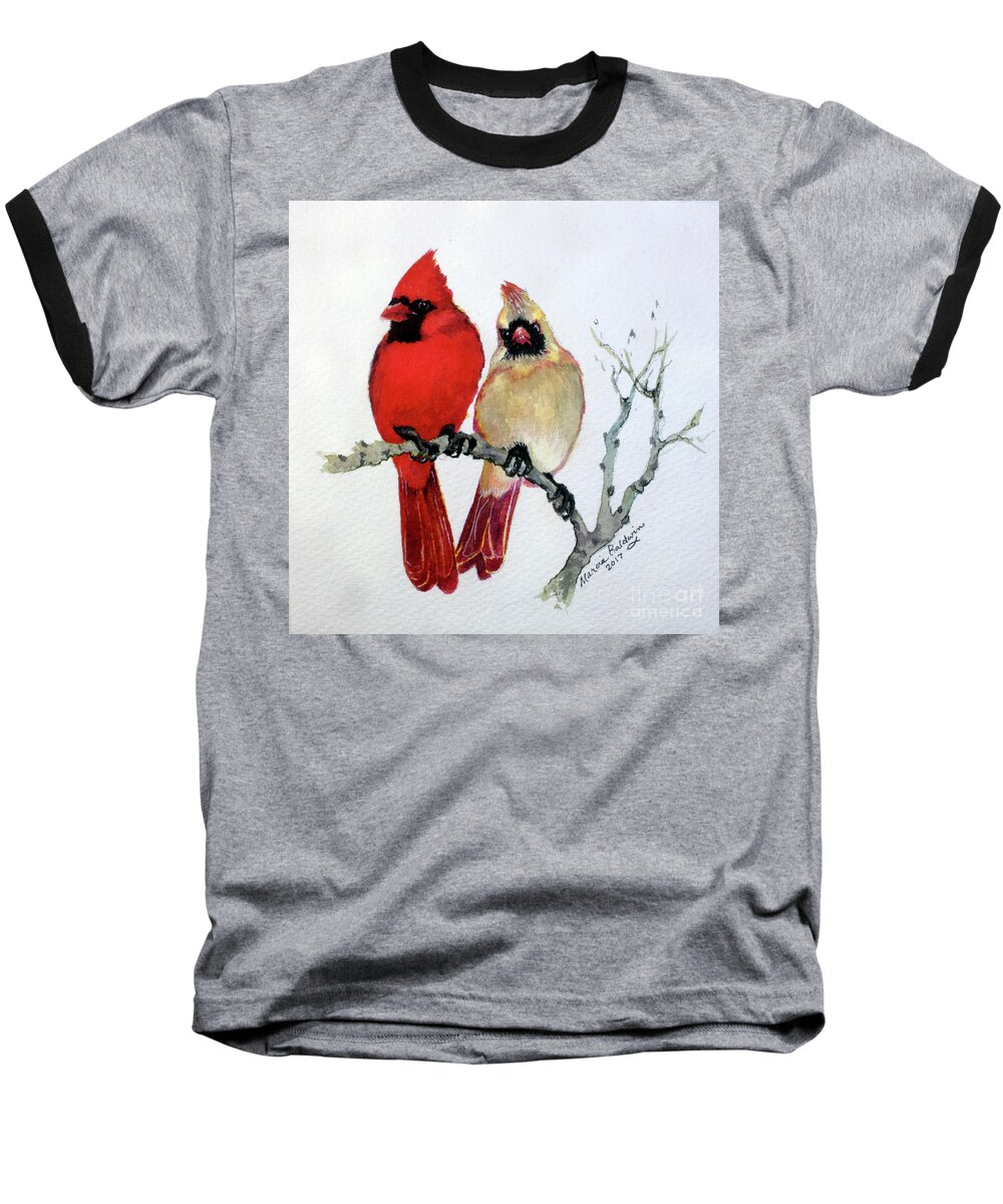 Cardinal Baseball T-Shirt featuring the painting Sassy Pair by Marcia Baldwin