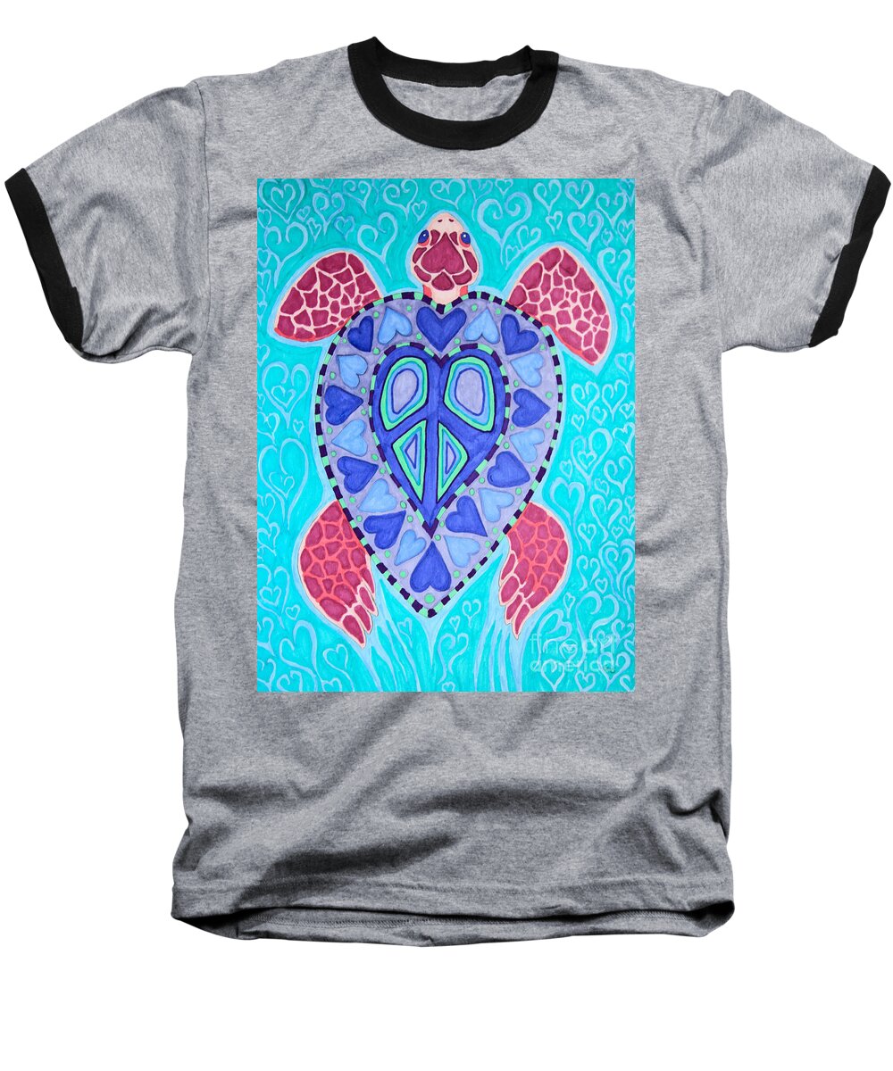 Sea Turtle Baseball T-Shirt featuring the drawing Sea Turtle Peace by Nick Gustafson