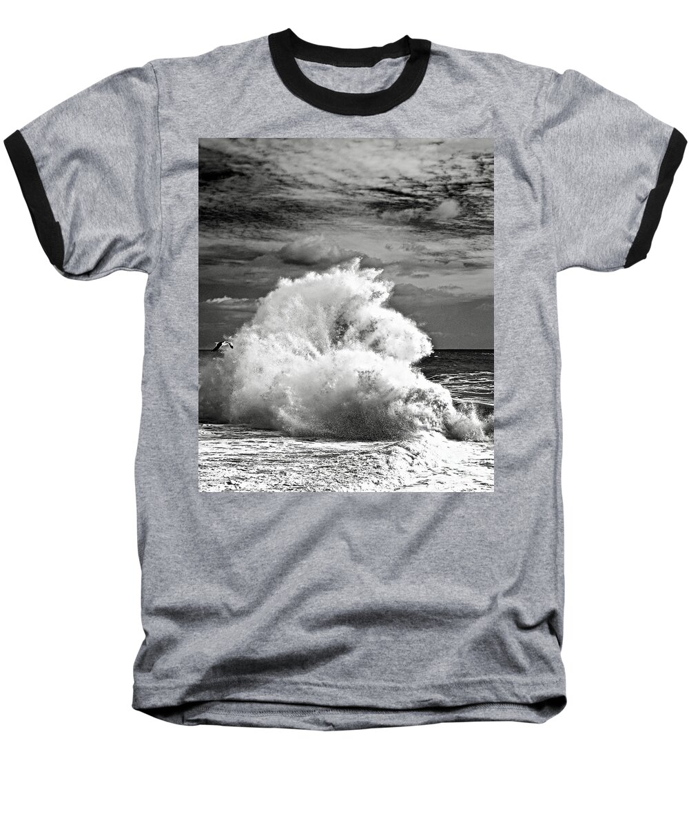 Ocean Baseball T-Shirt featuring the photograph Seagull and a Wave BW by Michael Cinnamond
