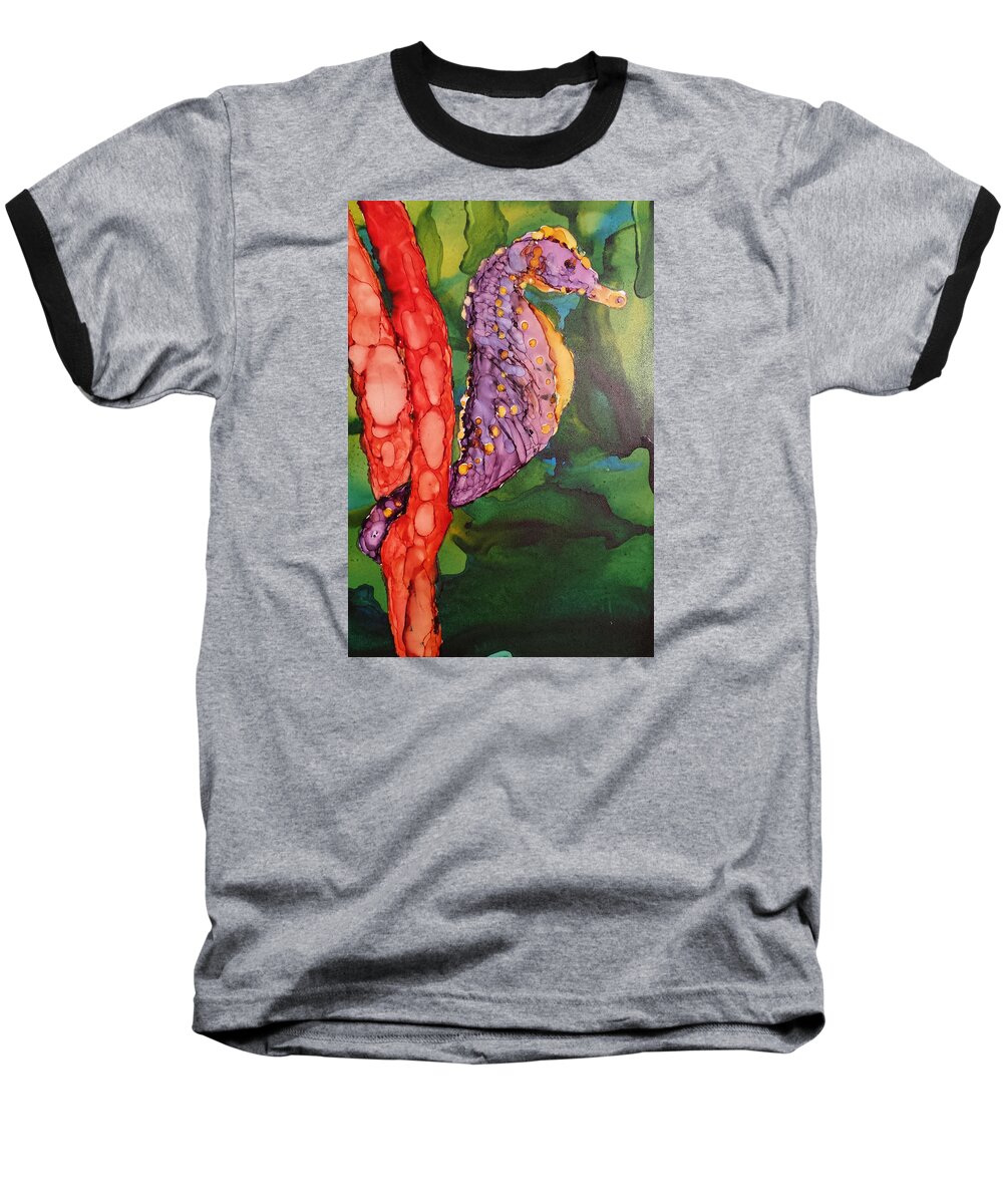 Seahorse Baseball T-Shirt featuring the painting Seahorse Fantasy by Judy Mercer