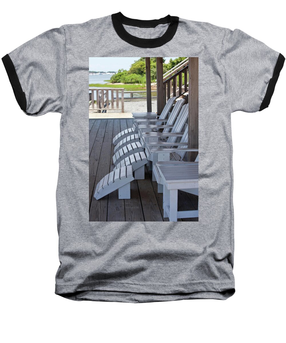 Montauk Baseball T-Shirt featuring the photograph Seating By the Sea - Montauk by Art Block Collections