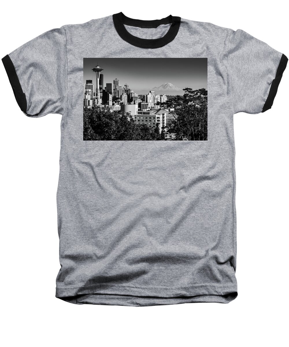Space Needle Baseball T-Shirt featuring the photograph Seattle Skyline with Mount Rainier in the background in Black and White by Mati Krimerman