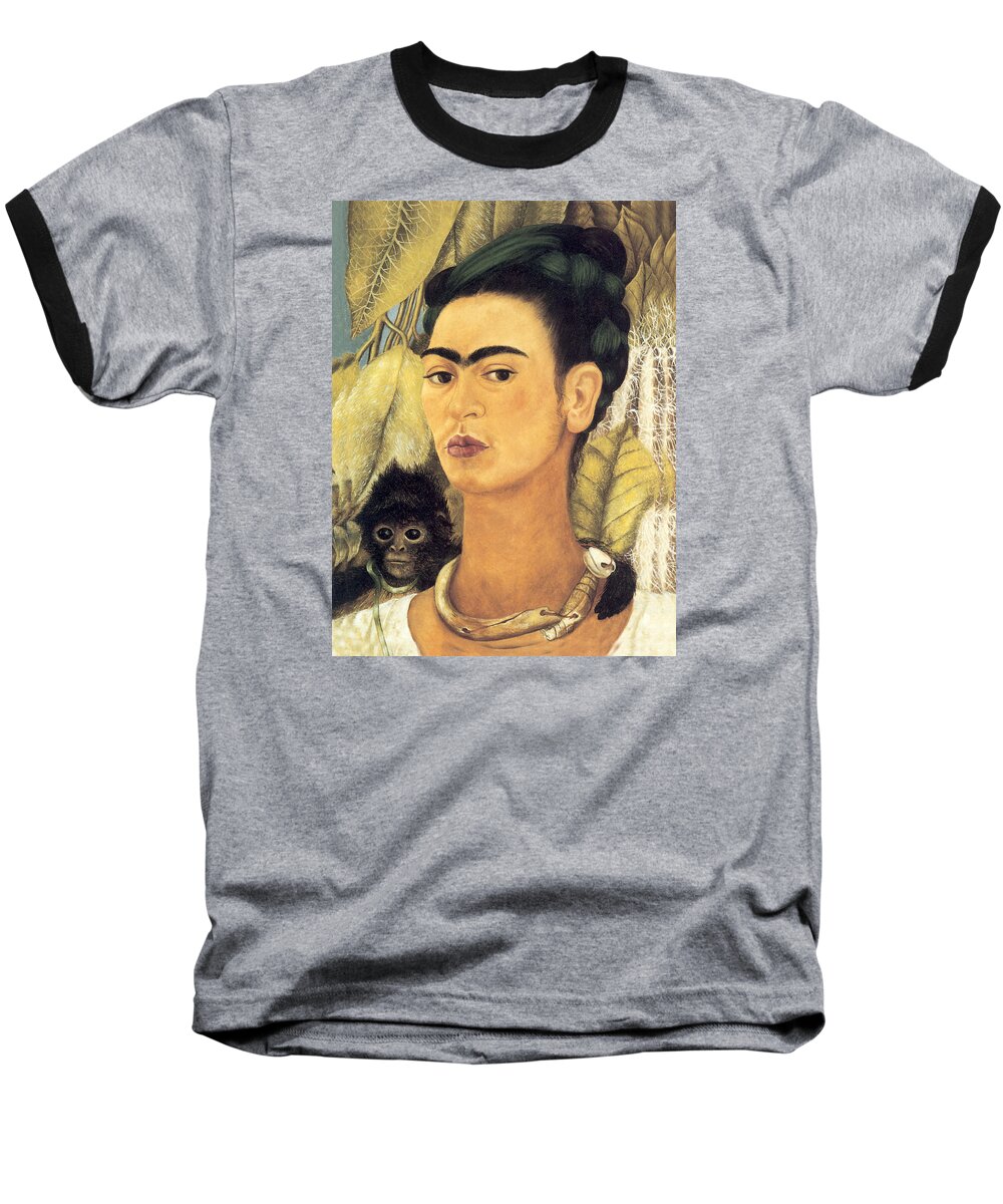 Self Portrait With Monkey Baseball T-Shirt featuring the painting Self Portrait with Monkey by Frida Kahlo