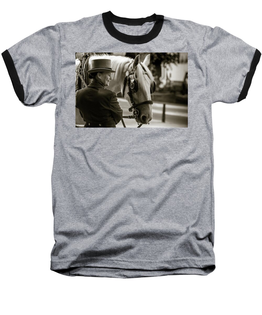 Animals Baseball T-Shirt featuring the photograph Sepia Carriage Horse with Handler by Dennis Dame