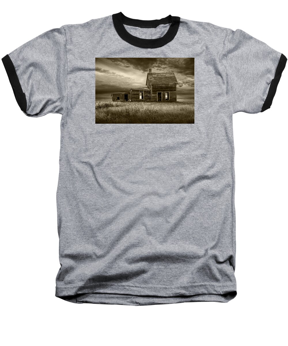 Farm Baseball T-Shirt featuring the photograph Sepia Tone of Abandoned Prairie Farm House by Randall Nyhof