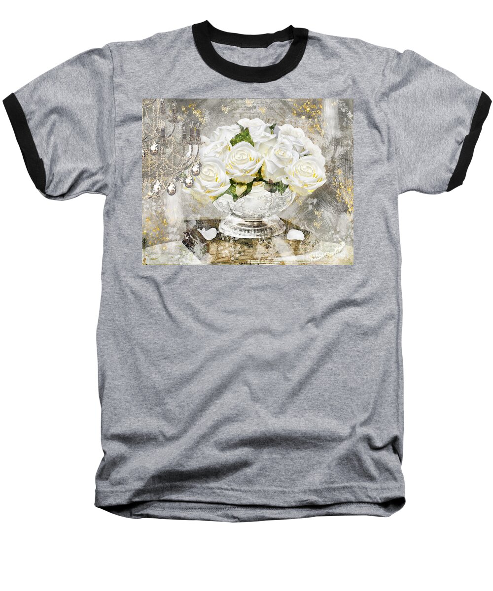 Shabby Roses Baseball T-Shirt featuring the painting Shabby White Roses with Gold Glitter by Mindy Sommers