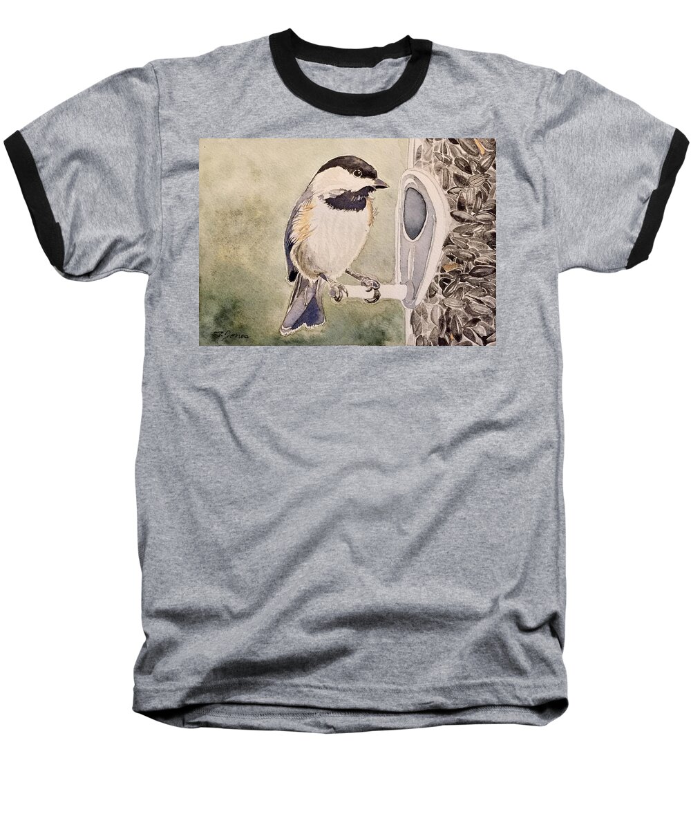 Chickadee Baseball T-Shirt featuring the painting Shades of Black Capped Chickadee by Sonja Jones