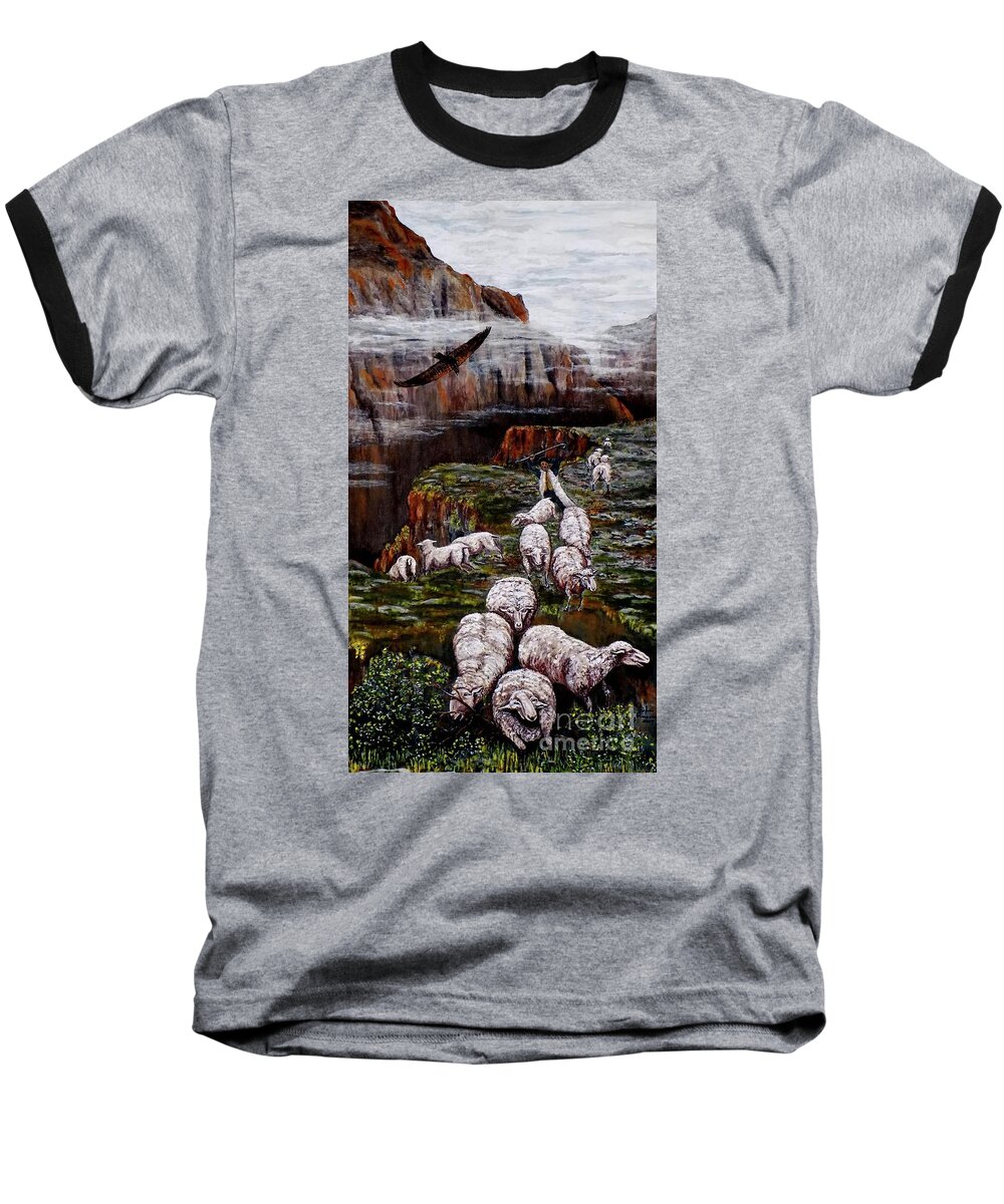 Sheep Baseball T-Shirt featuring the painting Sheep in the Mountains by Judy Kirouac