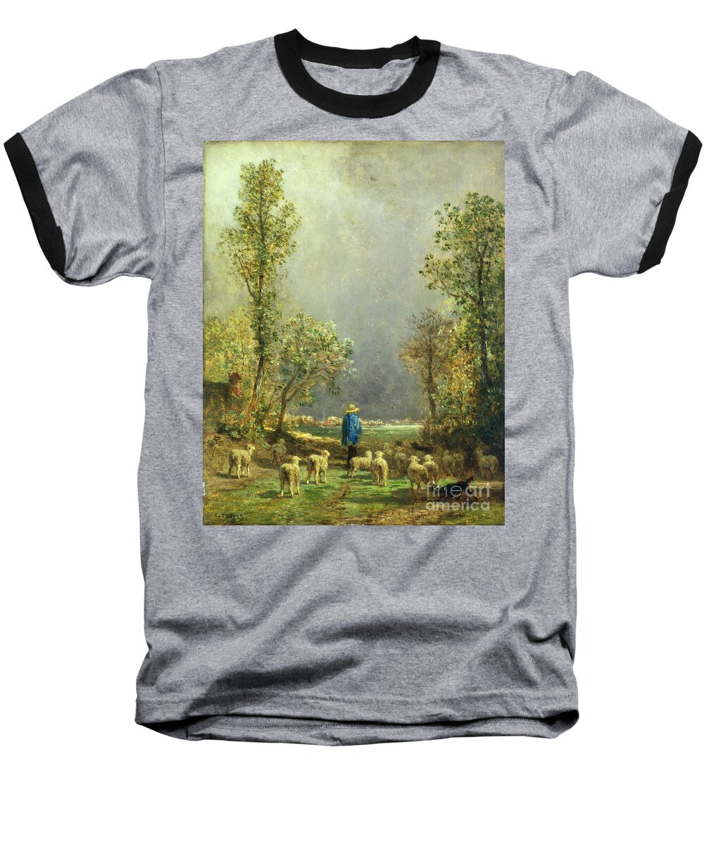 Sheep Baseball T-Shirt featuring the painting Sheep watching a Storm by Constant-Emile Troyon