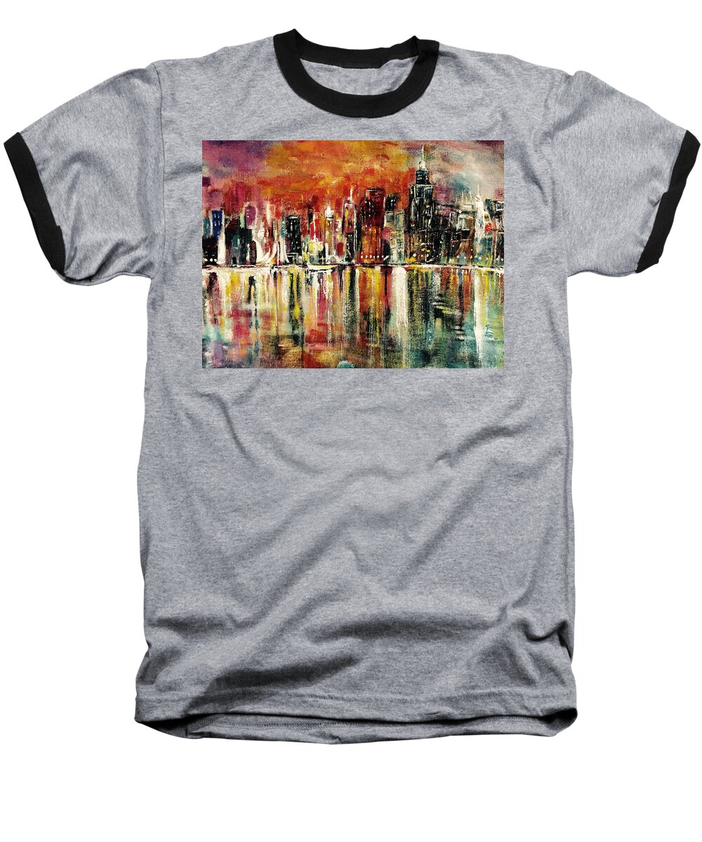 Tote Bag Baseball T-Shirt featuring the painting Shimmering City Night Lights by Belinda Low