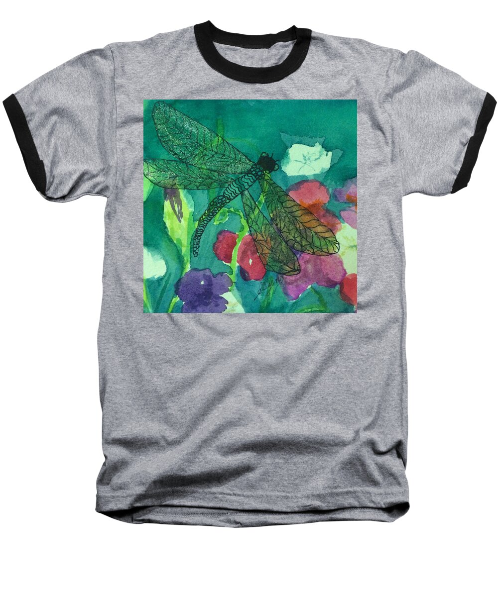Dragonfly Baseball T-Shirt featuring the painting Shimmering Dragonfly w Sweetpeas Square Crop by Ellen Levinson
