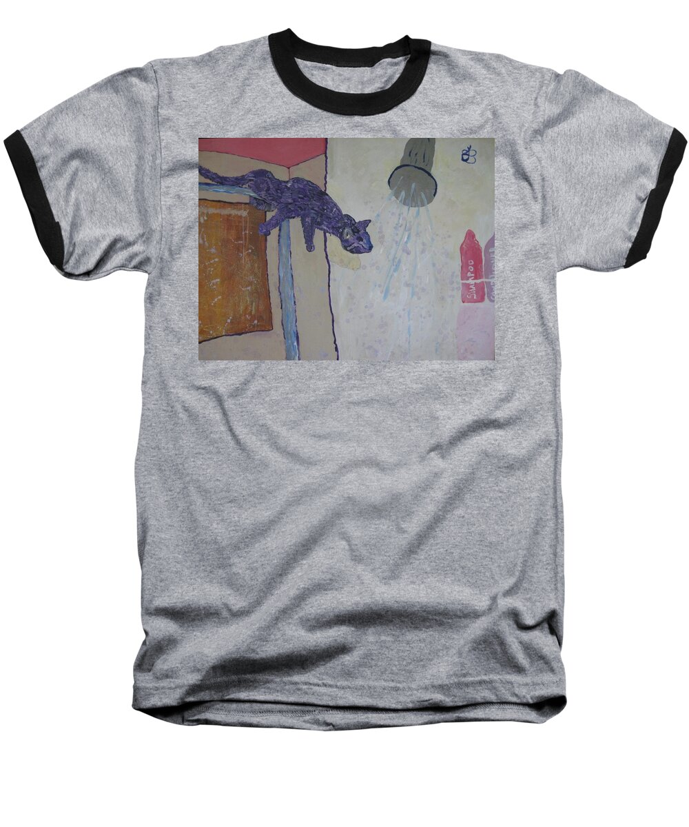 Purple Baseball T-Shirt featuring the painting Shower Cat by AJ Brown