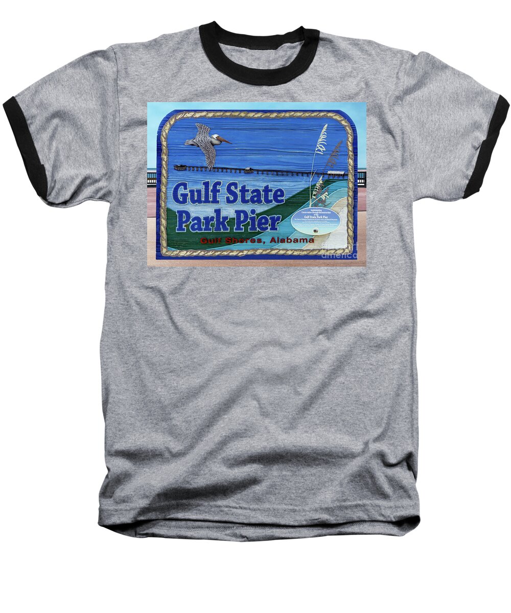 2017 Baseball T-Shirt featuring the photograph Sign Gulf Shores State Park Pier Al 1604a by Ricardos Creations