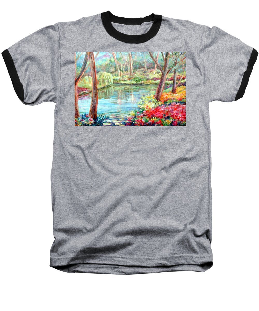 Landscape Baseball T-Shirt featuring the painting Silent Pond by Nancy Isbell