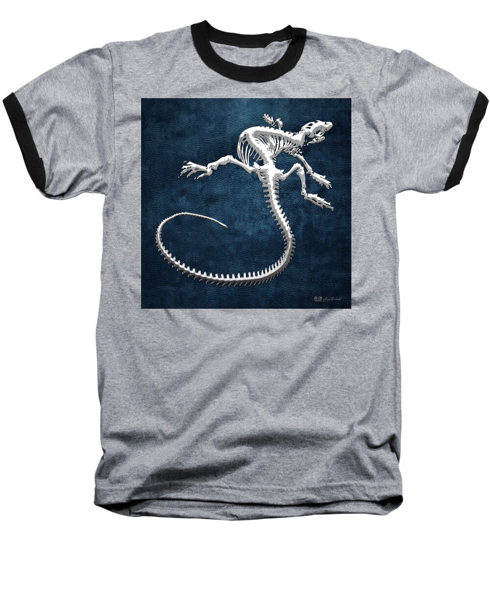 Precious Bones By Serge Averbukh Baseball T-Shirt featuring the photograph Silver Iguana Skeleton on Blue Silver Iguana Skeleton on Blue by Serge Averbukh