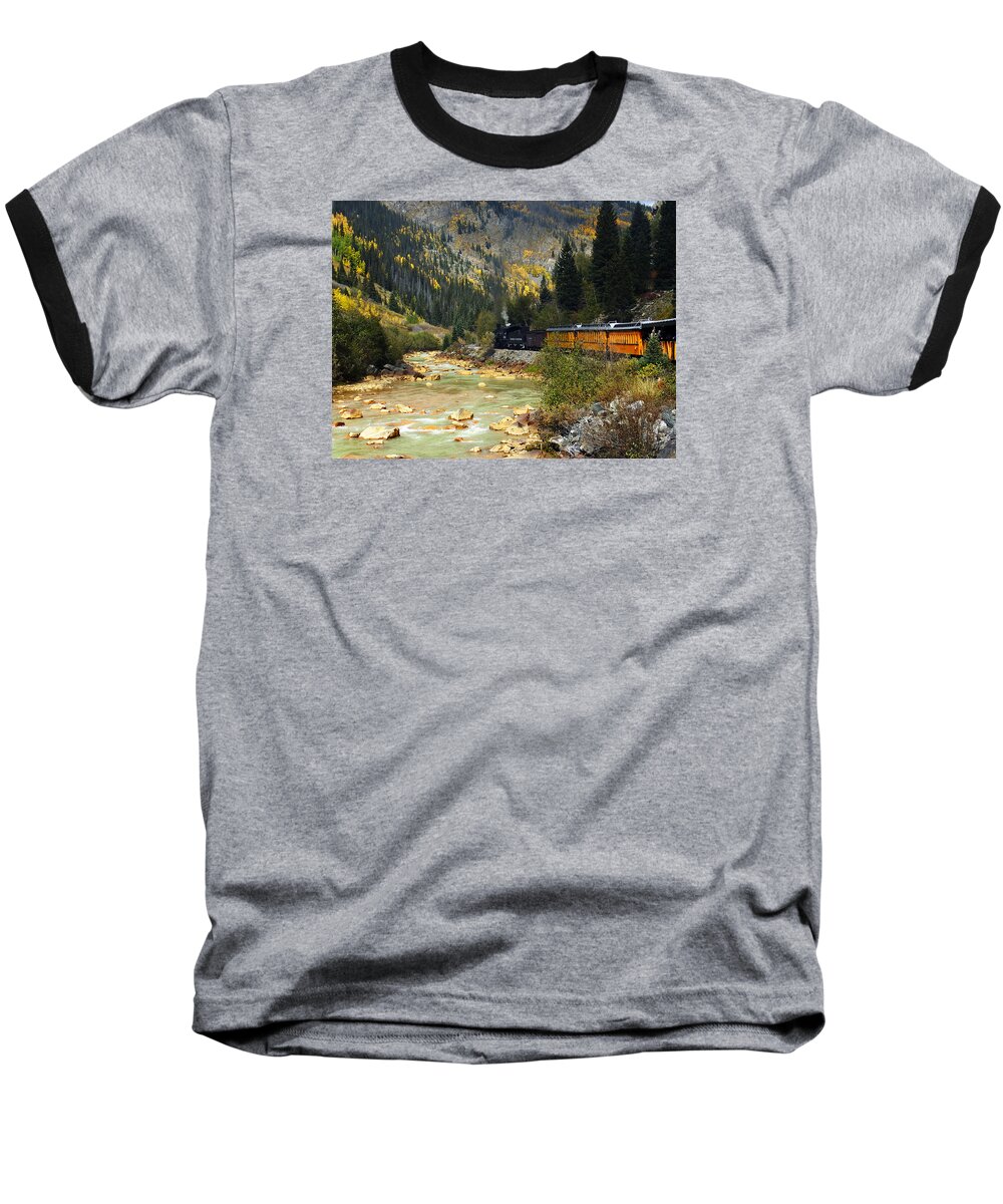 Durango & Silverton Railroad Baseball T-Shirt featuring the photograph Silverton bound by Kurt Van Wagner