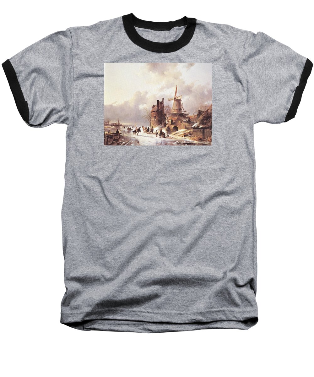 Dutch Baseball T-Shirt featuring the painting Skaters on a Frozen River by Reynold Jay