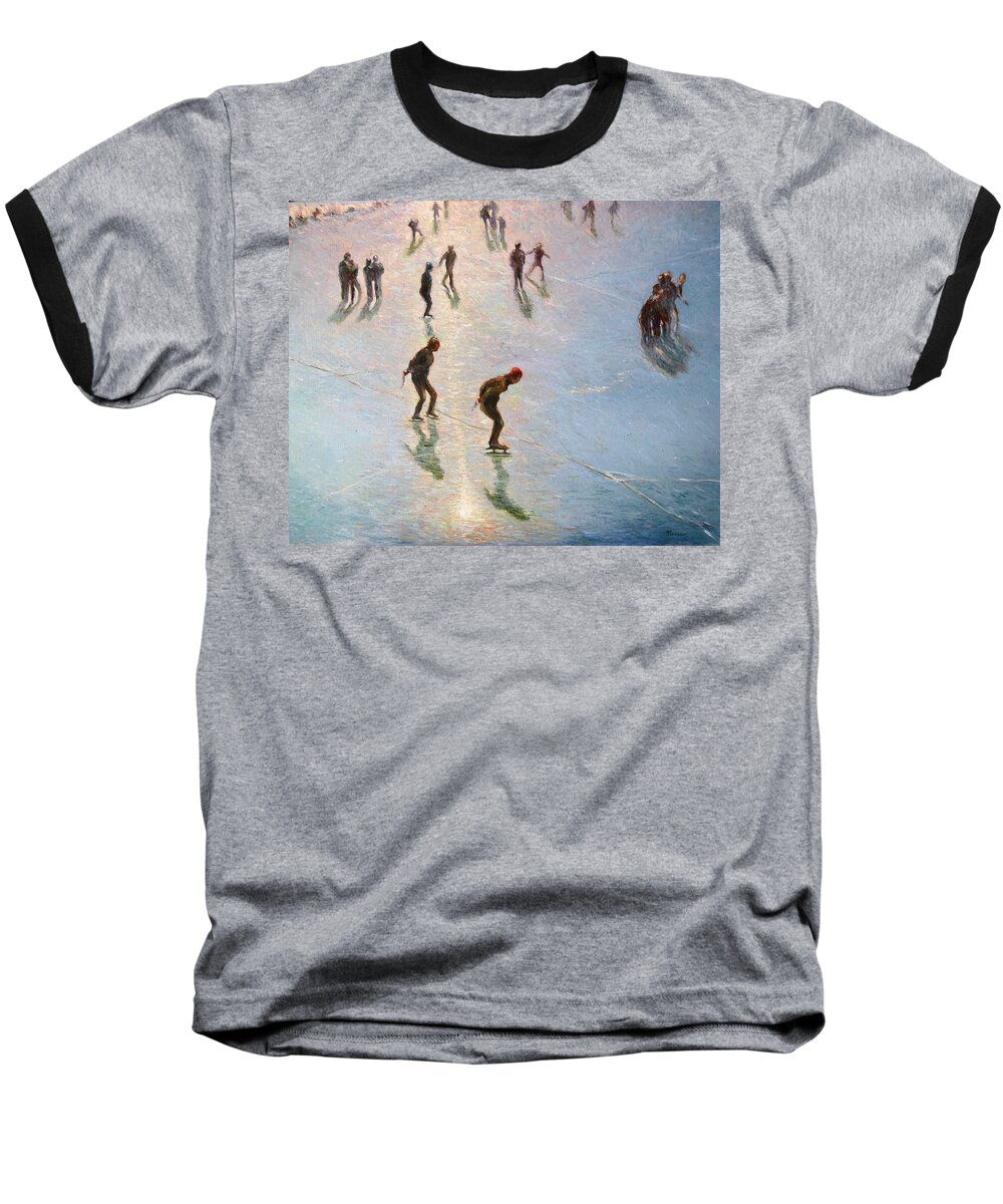 Landscape Baseball T-Shirt featuring the painting Skating in the Sunset by Pierre Dijk
