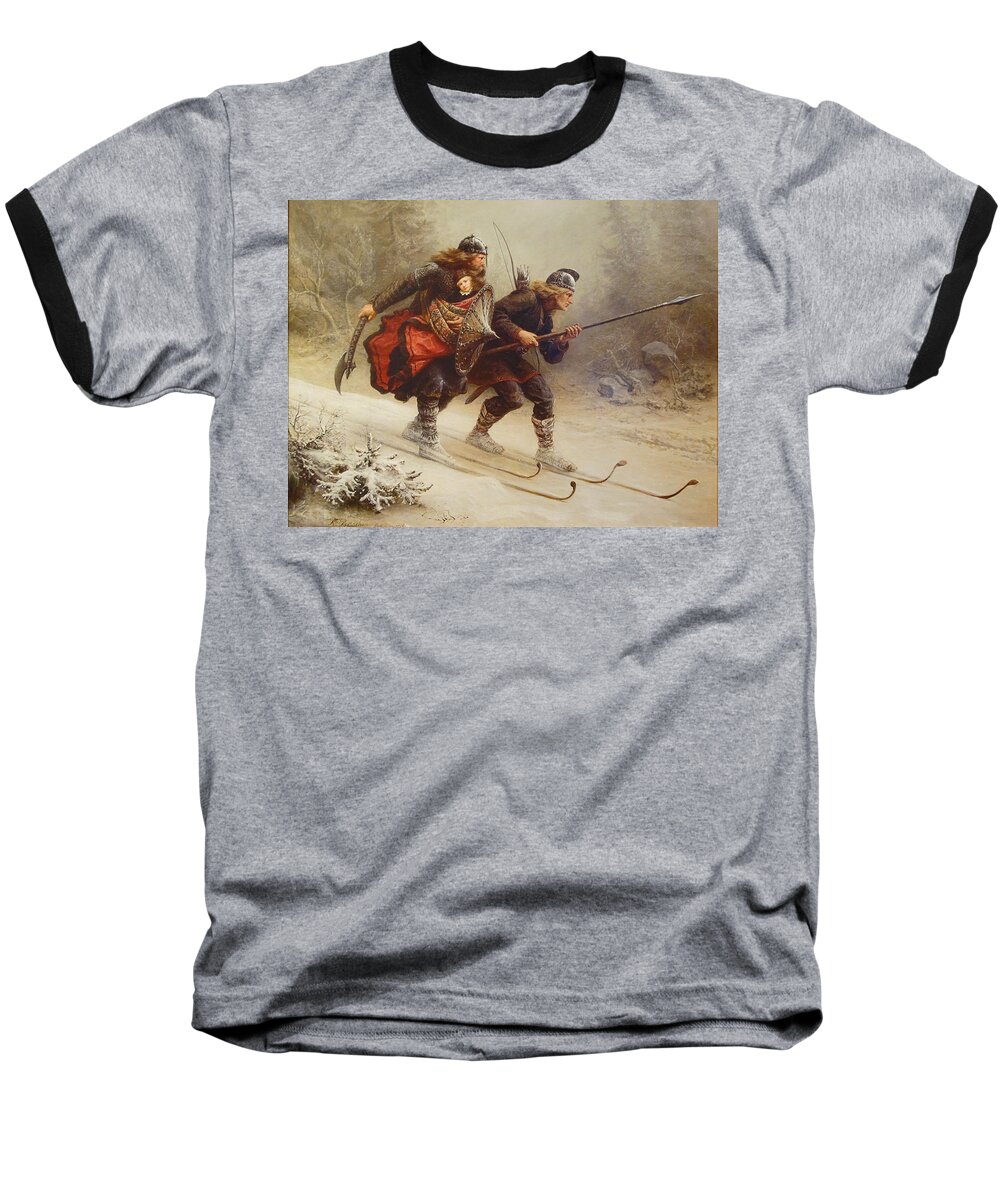 Knud Bergslien Baseball T-Shirt featuring the painting Skiing Birchlegs Crossing the Mountain with the Royal Child by Knud Bergslien