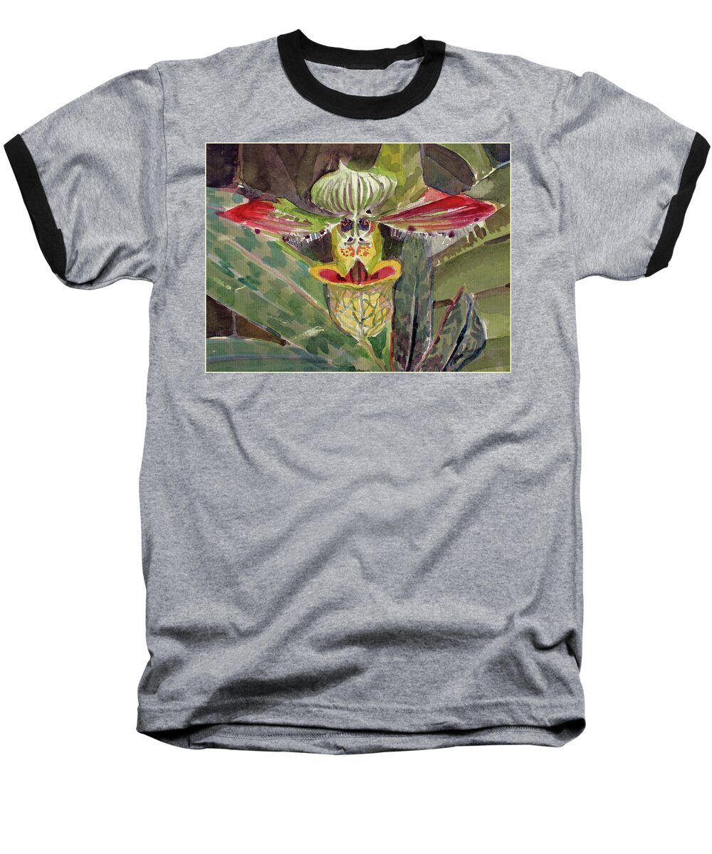 Orchid Baseball T-Shirt featuring the painting Slipper Foot Aladdin by Mindy Newman