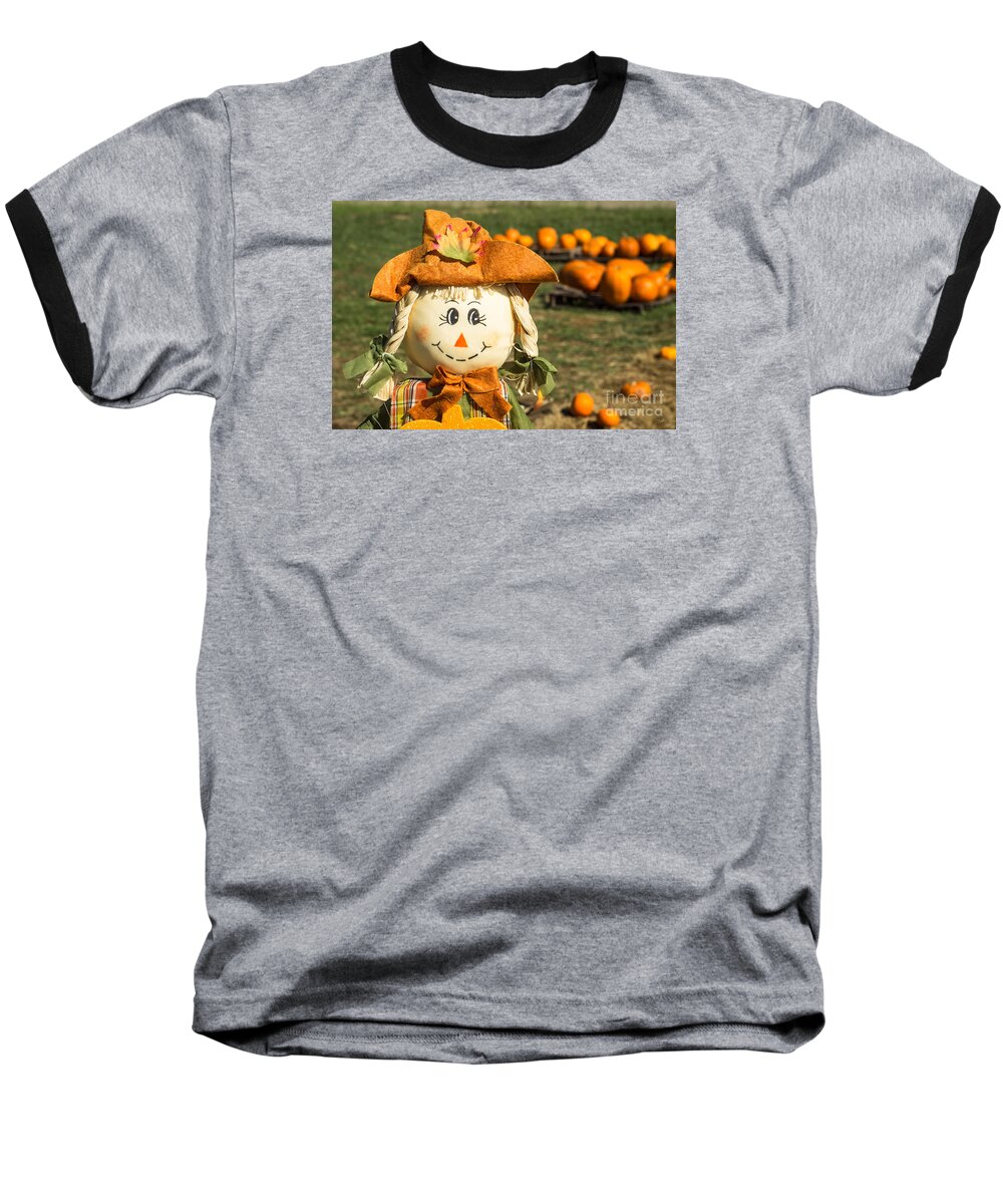 Scarecrow Baseball T-Shirt featuring the photograph Smiling Scarecrow with Pumpkins by Imagery by Charly
