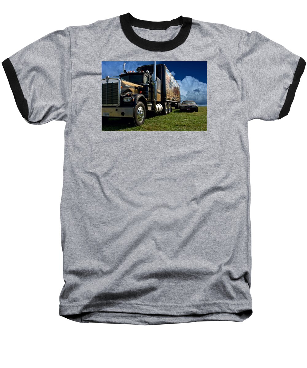 1973 Baseball T-Shirt featuring the photograph Smokey and the Bandit Tribute 1973 Kenworth W900 Black and Gold Semi Truck and The Bandit TransAm by Tim McCullough