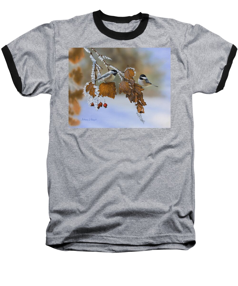 Chickadees Baseball T-Shirt featuring the painting Snow Chickadees by Anthony J Padgett