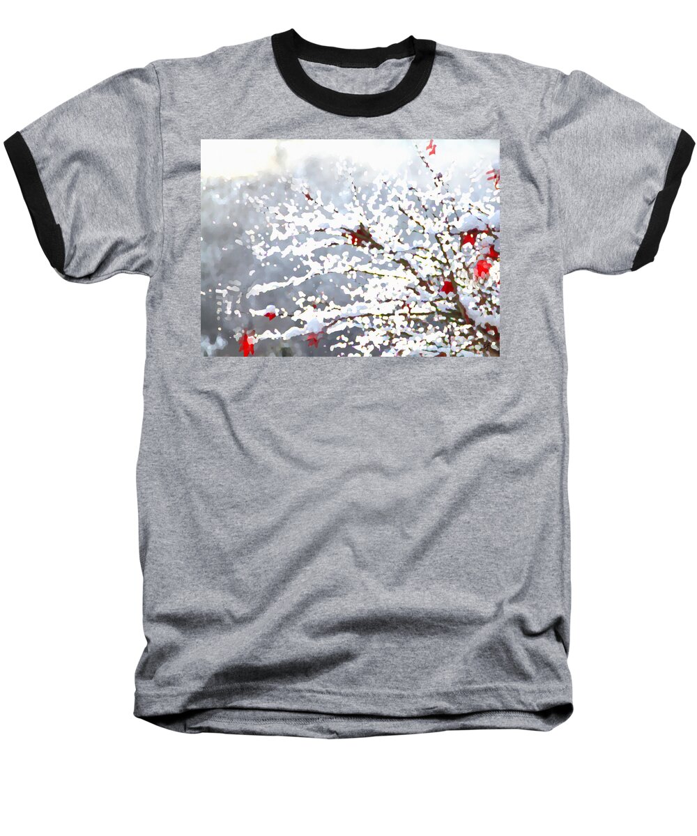 Nature Baseball T-Shirt featuring the mixed media Snow on the Maple by Shelli Fitzpatrick