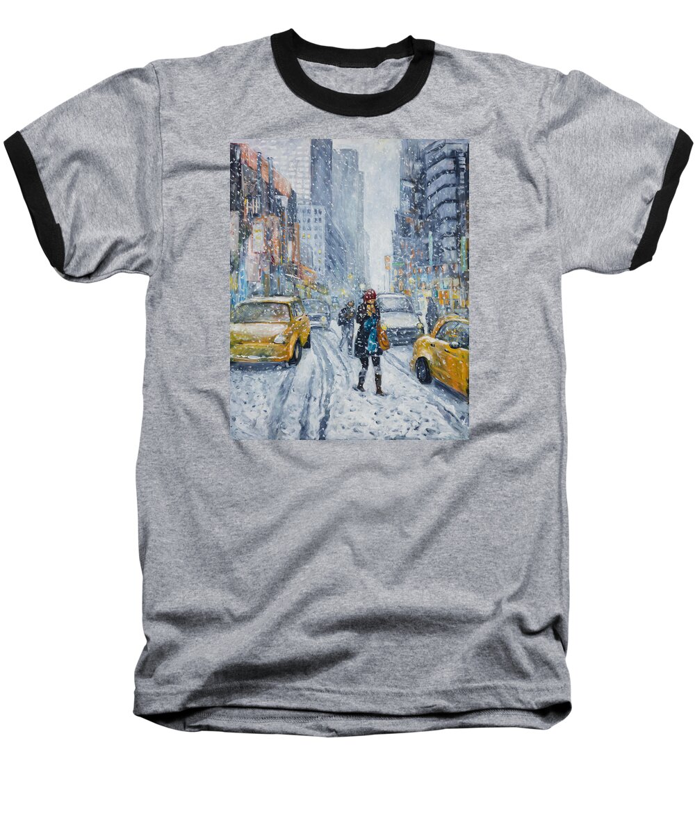 Snowstorm Baseball T-Shirt featuring the painting Urban Snowstorm by Ingrid Dohm