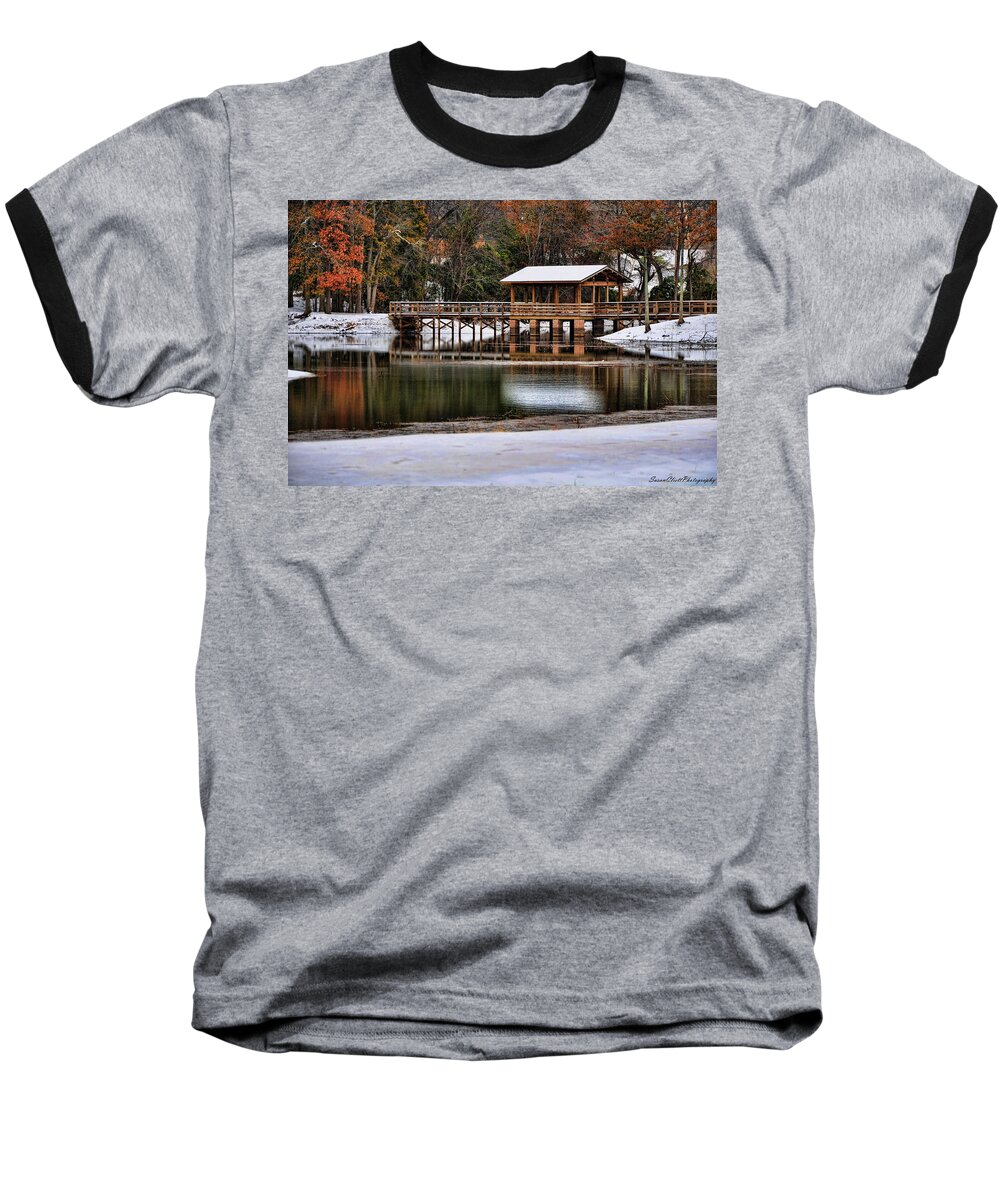 Bridge Baseball T-Shirt featuring the photograph Snowy Bridge by Susan Cliett