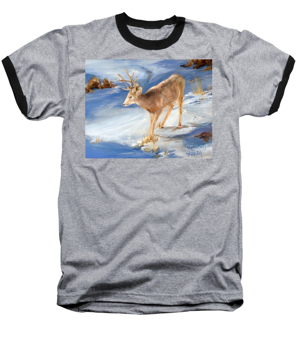 Fine Art Baseball T-Shirt featuring the painting Snowy Deer by Csilla Florida