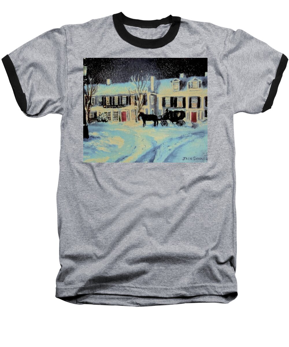 Snowy Night Baseball T-Shirt featuring the painting Snowy Night At The Inn by Jack Skinner