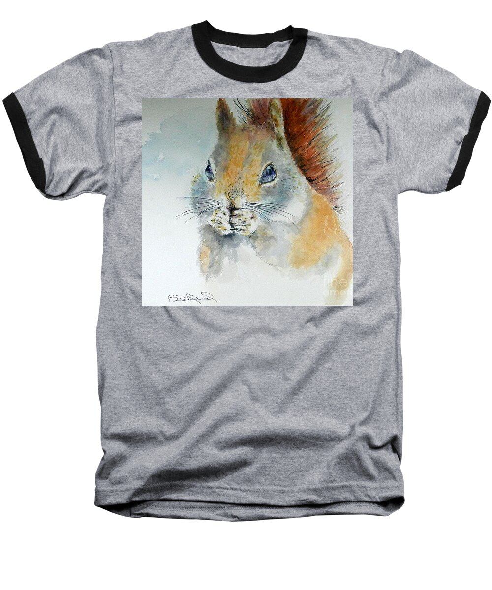 Squirrel Baseball T-Shirt featuring the painting Snowy Red Squirrel by William Reed