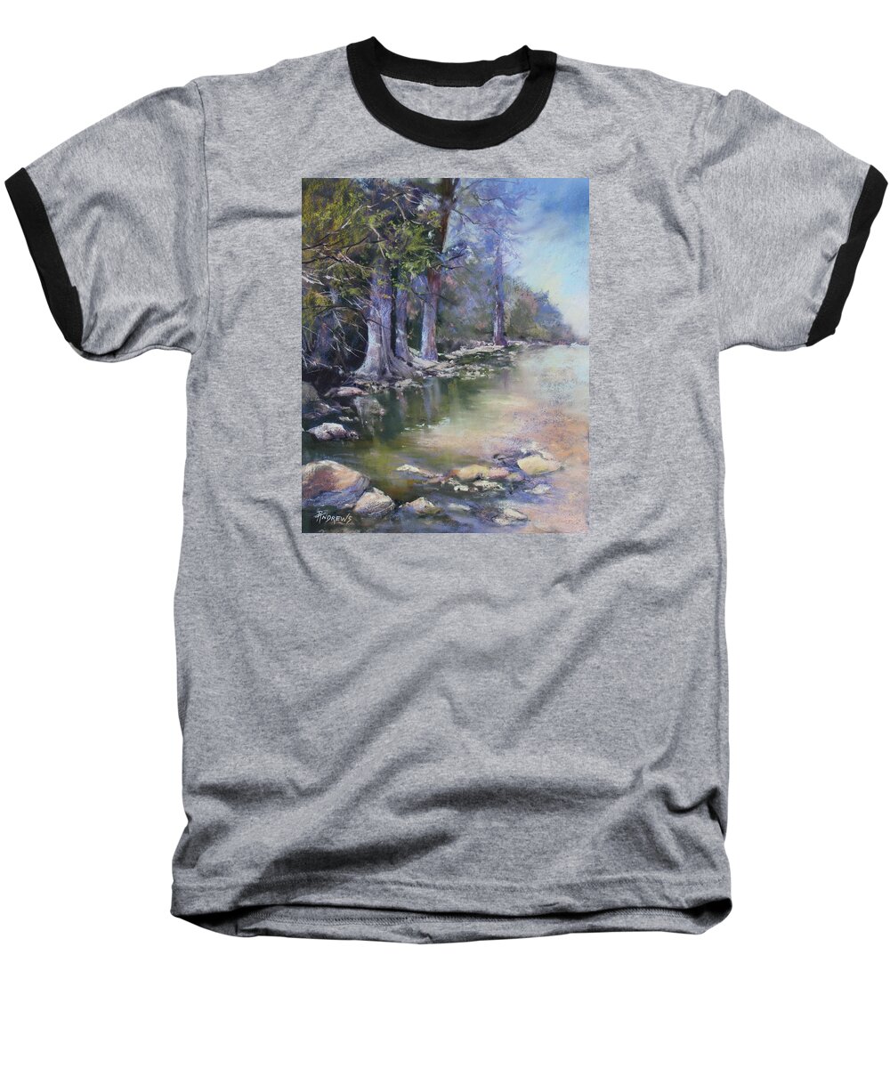 Landscape Baseball T-Shirt featuring the painting Soft Light on the Pedernales by Rae Andrews