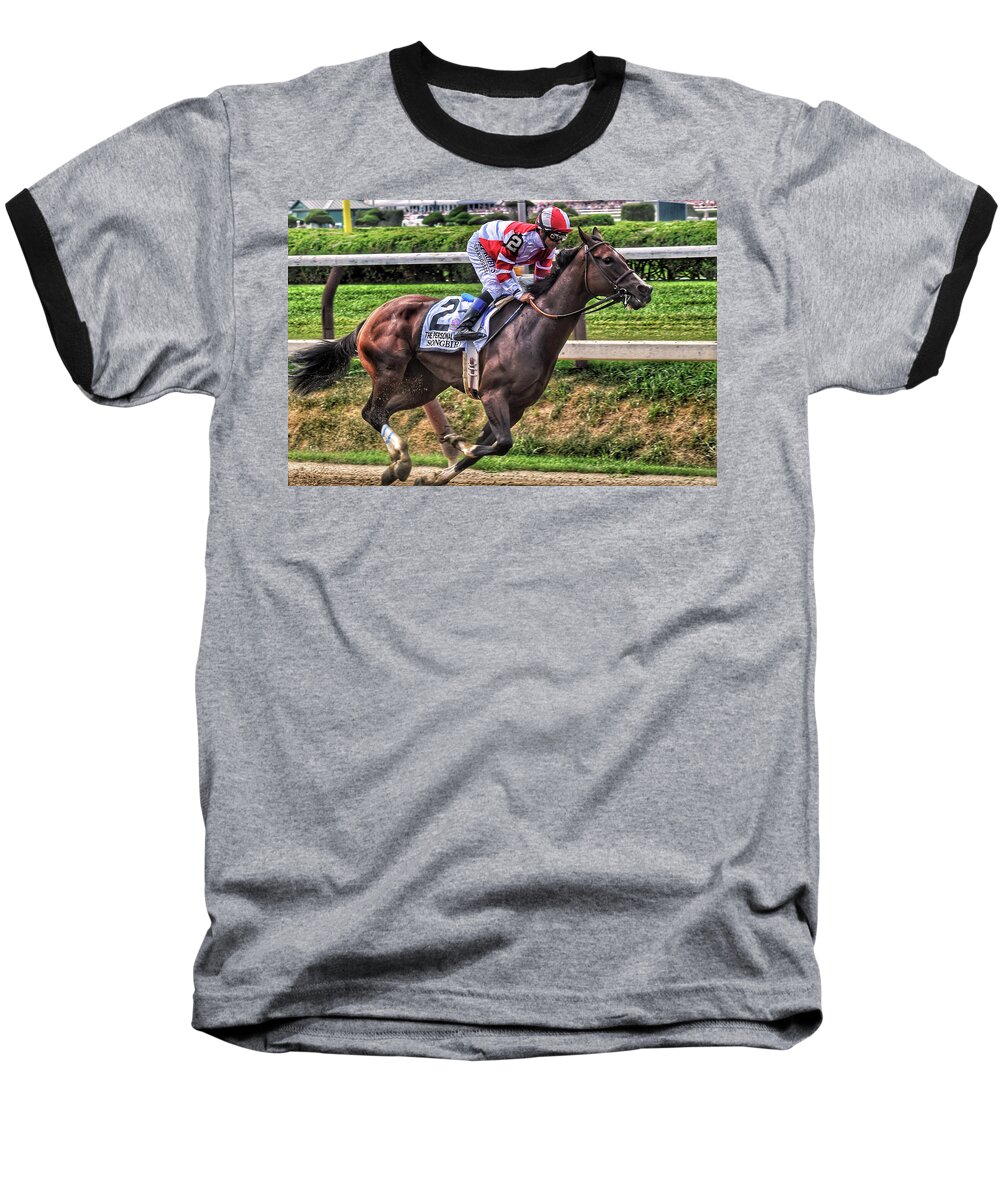 Race Horses Baseball T-Shirt featuring the photograph Songbird with Mike Smith Saratoga August 2017 by Jeffrey PERKINS