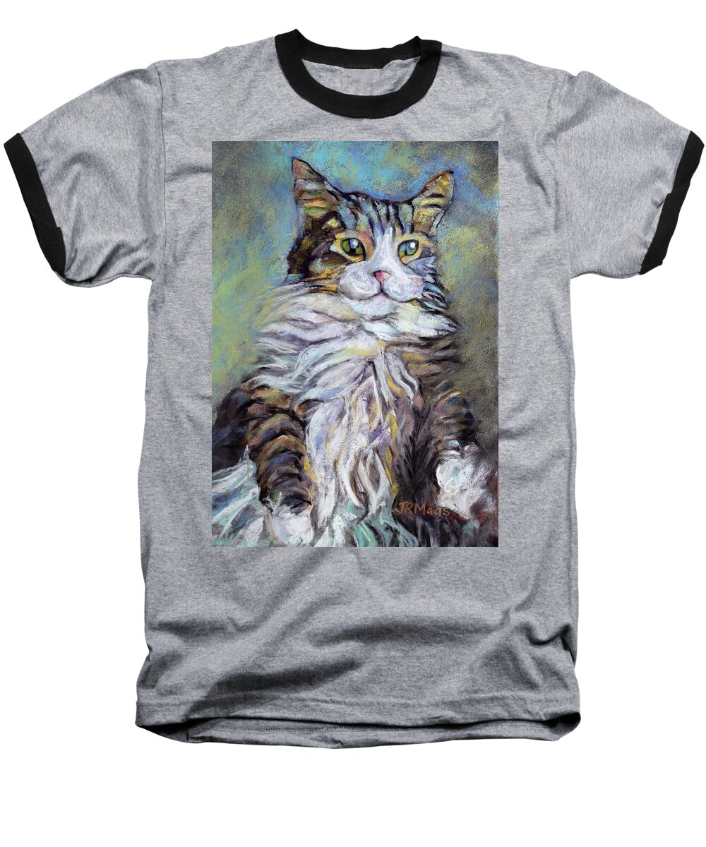 Colorful Long-hair Cat Baseball T-Shirt featuring the pastel Sophia by Julie Maas