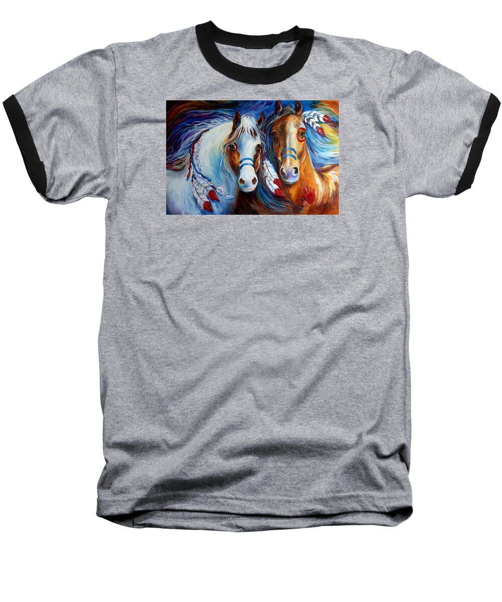 Indian Baseball T-Shirt featuring the painting Spirit Indian War Horses Commission by Marcia Baldwin