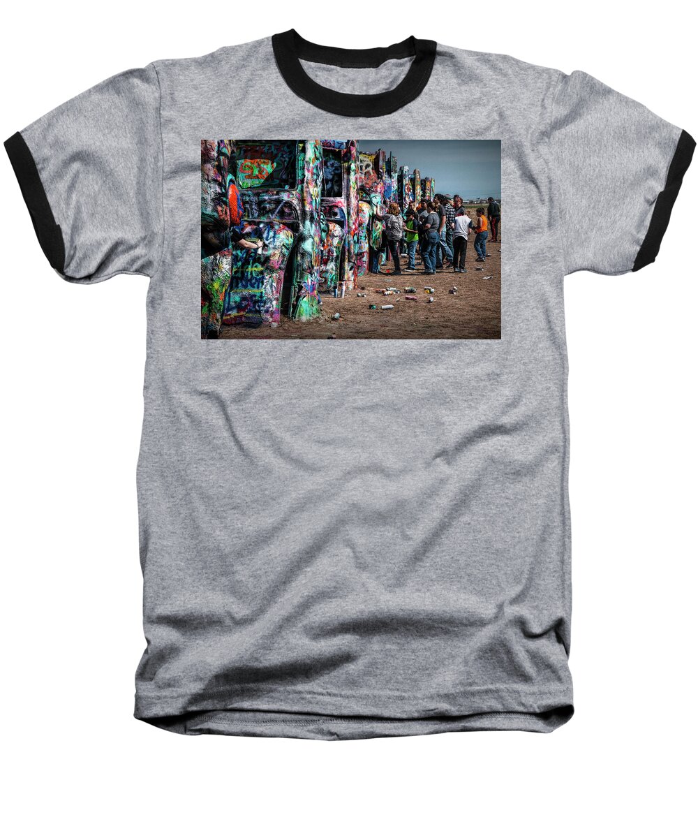 Landmark Baseball T-Shirt featuring the photograph Spray Paint Fun at Cadillac Ranch by Randall Nyhof