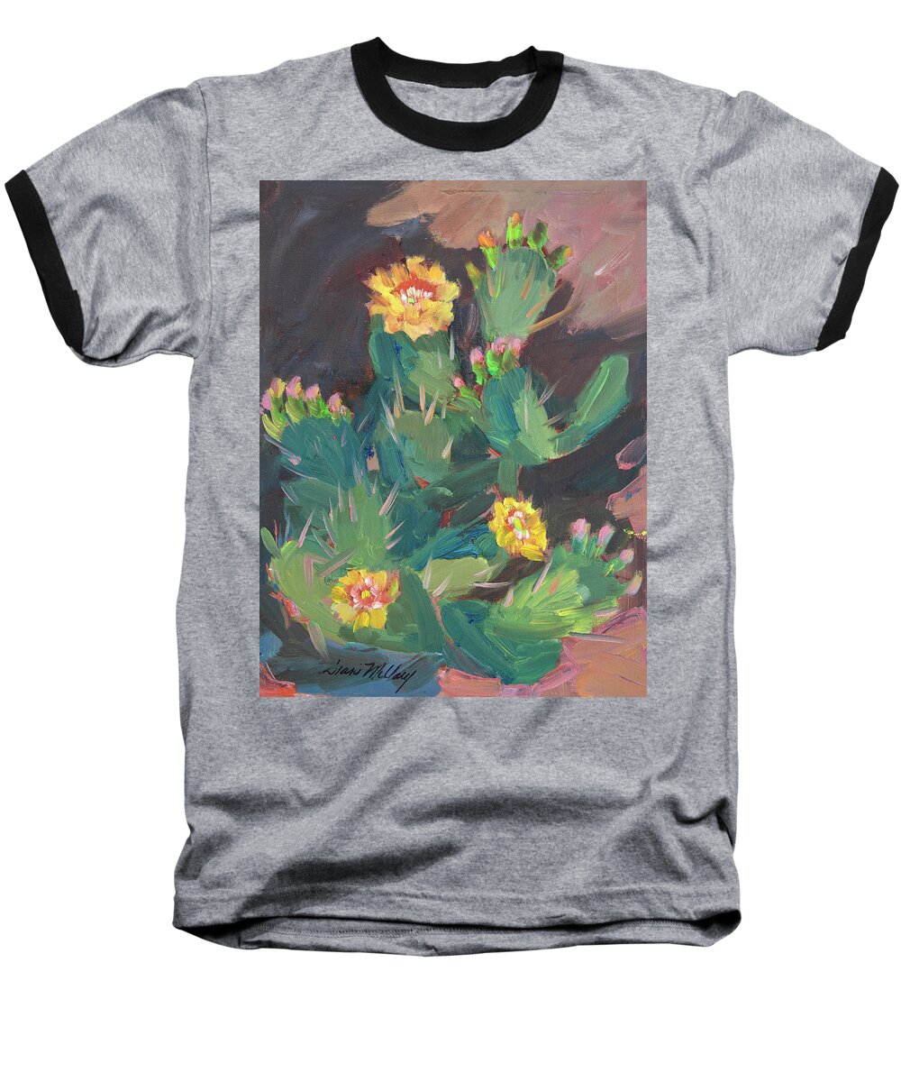 Desert Baseball T-Shirt featuring the painting Spring and Prickly Pear Cactus by Diane McClary