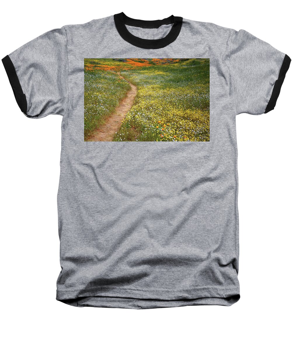 Wildflower Baseball T-Shirt featuring the photograph Spring trail through a sea of wildflowers at Diamond Lake in California by Jetson Nguyen