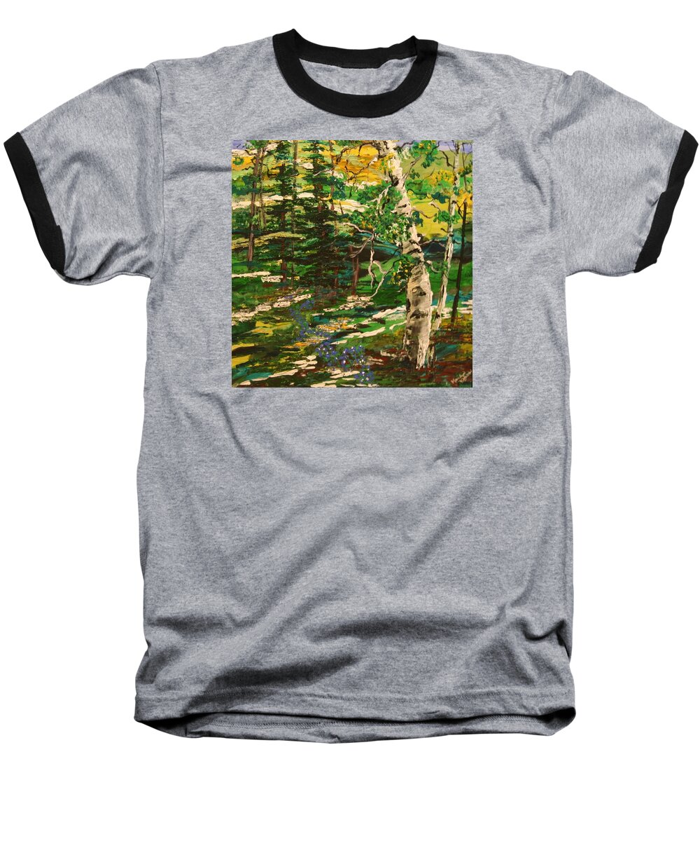 Impressionist Aspen Baseball T-Shirt featuring the painting Springtime in the Rockies by Marilyn Quigley
