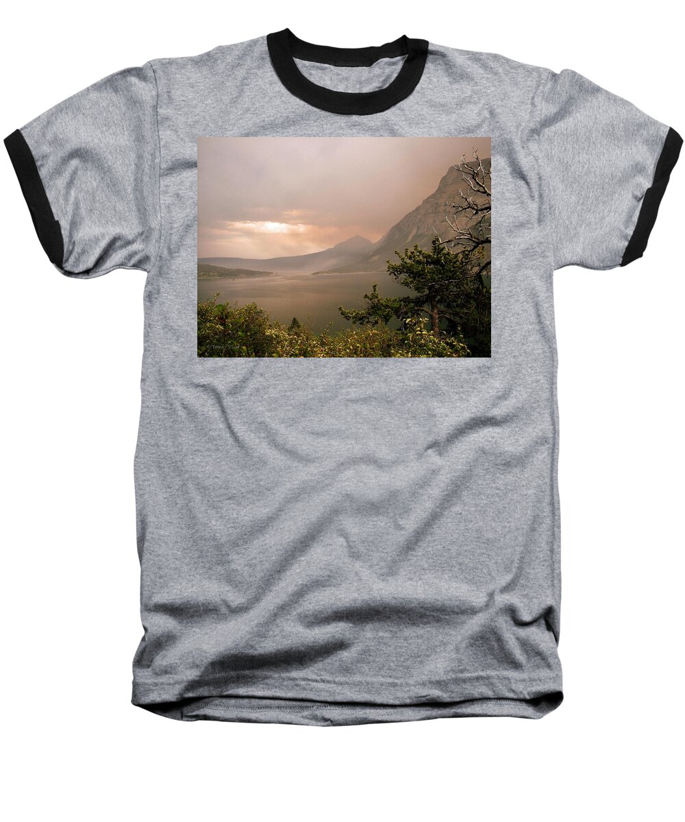 St Mary Lake Baseball T-Shirt featuring the photograph St Mary Lake in the Smoke by Tracey Vivar