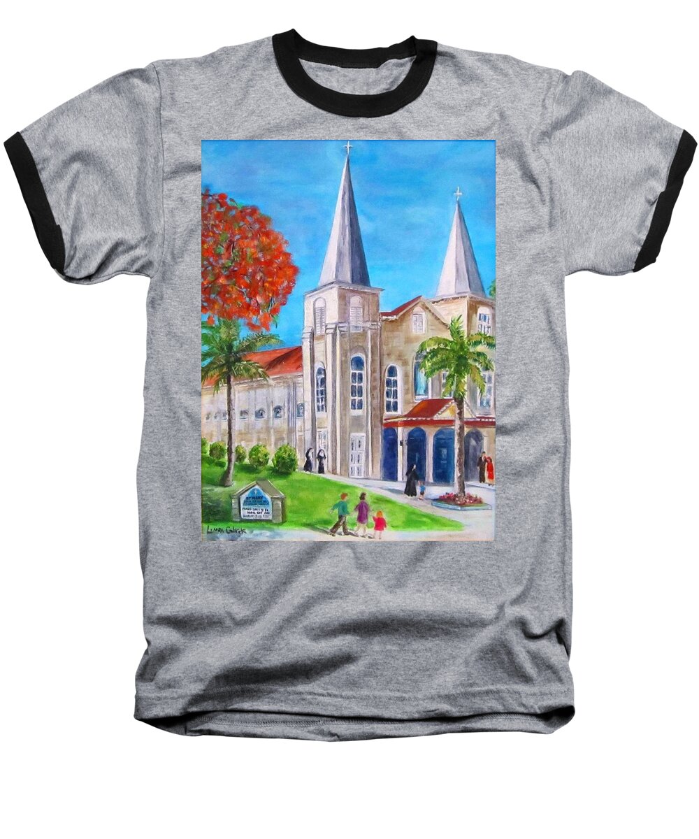 St. Mary's Baseball T-Shirt featuring the painting St. Mary's Catholic Church Key West by Linda Cabrera