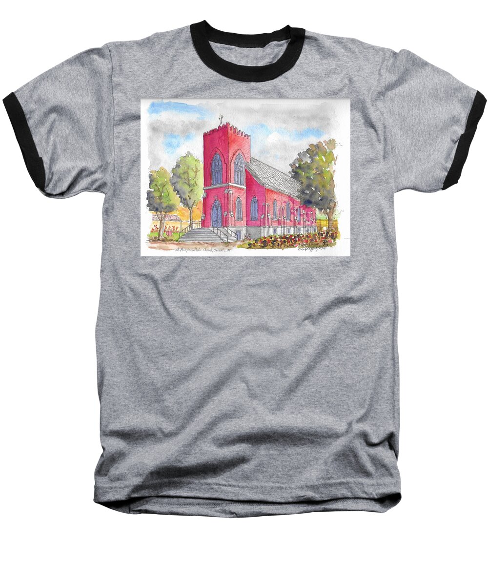 Churchs Baseball T-Shirt featuring the painting St. Mary's Catholic Church, Oneonta, NY by Carlos G Groppa