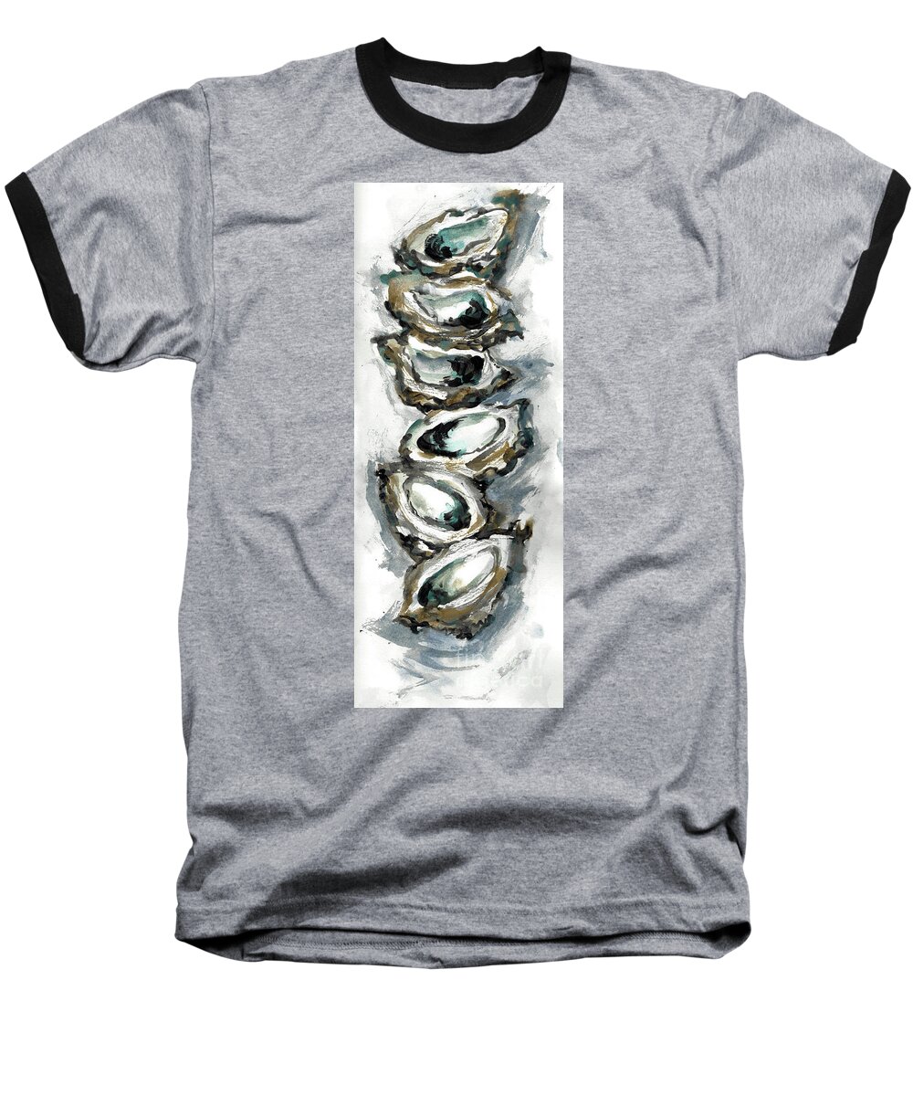 Louisiana Seafood Baseball T-Shirt featuring the painting Stack of Six oysters on the half shell by Francelle Theriot