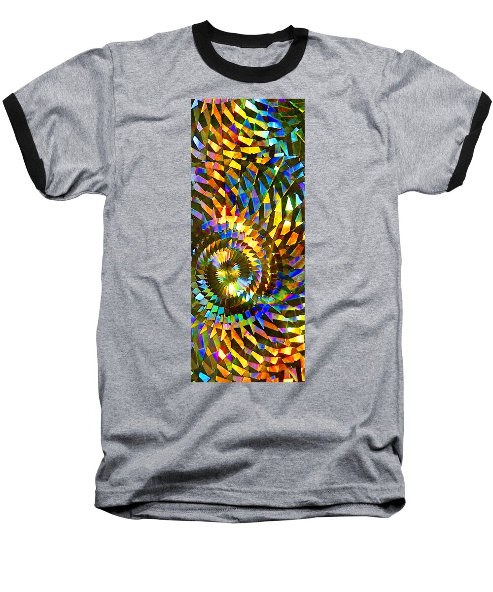 Stained Glass Fantasy Color Swirl Bright Pieced Piecing Abstract; Art; Artistic; Artwork; Background; Colorful; Creative; Decor; Decoration; Decorative; Design; Detail; Light; Mosaic; Pattern; Refraction Mosaic Refracted Baseball T-Shirt featuring the photograph Stained Glass Fantasy 1 by Frances Miller