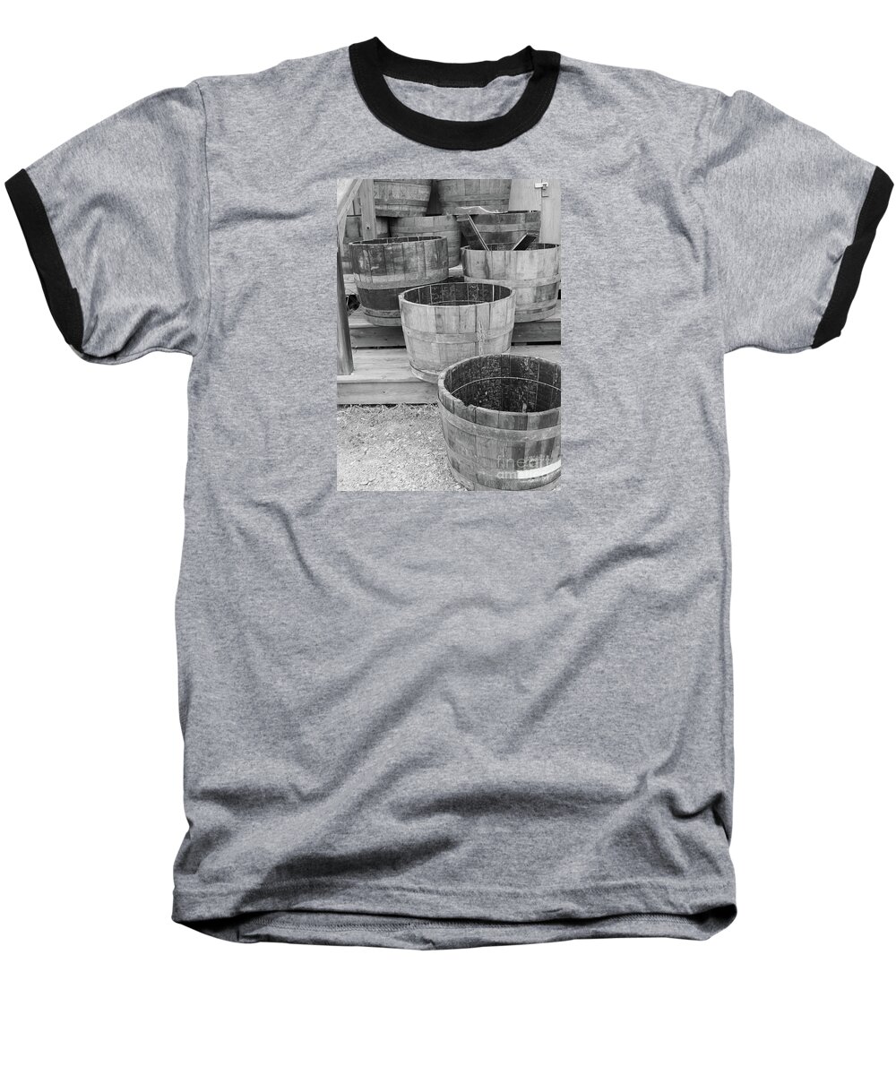 Black And White Baseball T-Shirt featuring the photograph Stairs of Barrels by Nina Silver