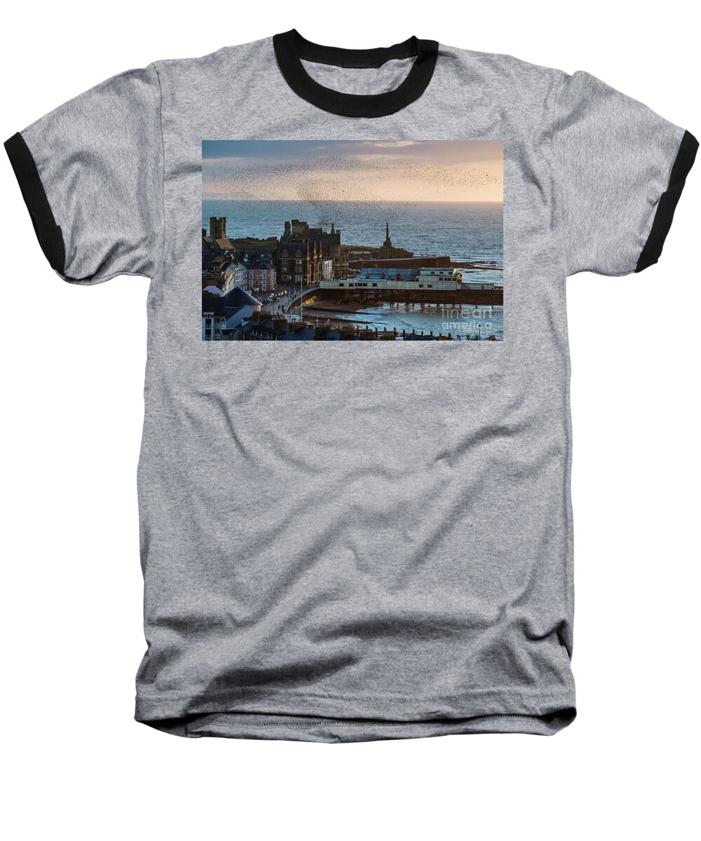 Aberystwyth Baseball T-Shirt featuring the photograph Starlings over Aberystwyth on the west Wales coast by Keith Morris